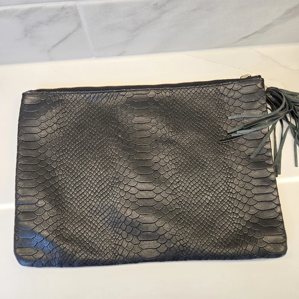 GiGi New York Black Python-Embossed Leather Clutch‎ Black